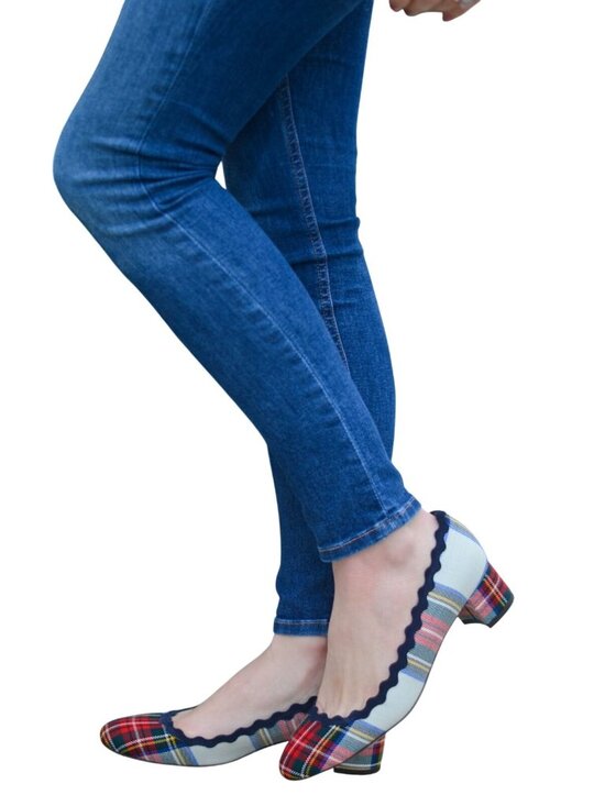J.Crew Shoes - Plaid Scalloped Ballet Flats With Block Heel By J.Crew Size 8.5 Red/Navy Multi